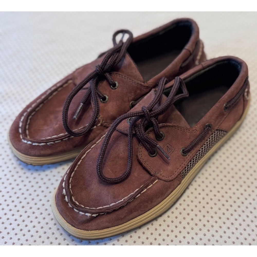 Sperry Intrepid Boys Top-Sider Billfish Boat Shoes Brown Leather Mesh Loafer 3.5